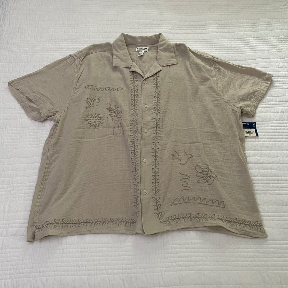 Arizona Jean Co Tan Cotton Gauze Embroidered Camp Shirt XXL NEW 353898